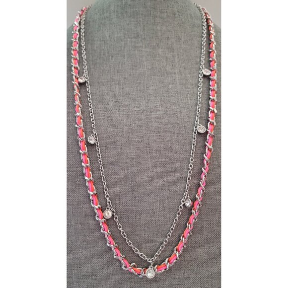 Ann Taylor Silver Tone Pink Orange Cord Crystal Stations Chain Necklace, E874